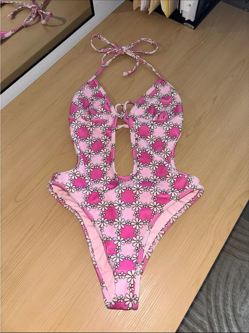 Frankie's Bikinis Pink Floral Keyhole One-Piece